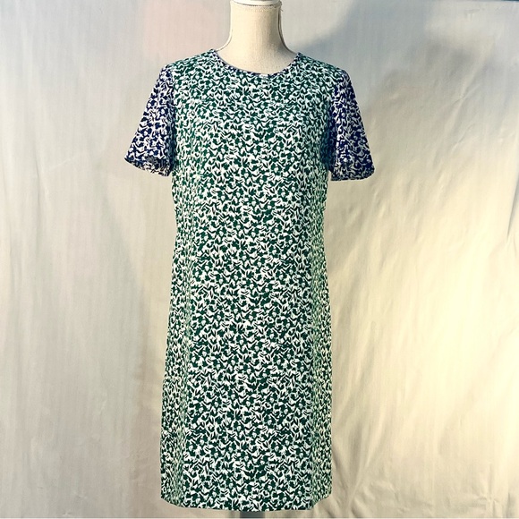 Ann Taylor Dress Green & Blue Floral Short Bell Sleeves Shift Lined EUC 6P - Picture 3 of 9